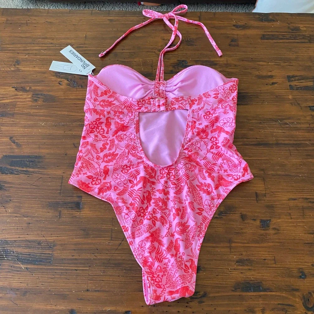 No Boundaries Pink Tropical Toucan Cheeky High Leg 1-Piece Swimsuit Medium 8-10